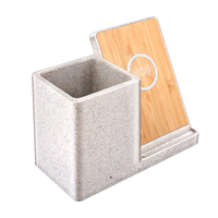 Chargeur sans fil 15W écologique en paille de blé et liège de bambou, support de bureau multifonctionnel pour stylos et téléphone pour le bureau