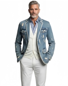 Chaqueta Blazer de Mezclilla Azul Desgastada para <span class=keywords><strong>Hombre</strong></span> con Ribete Blanco, Estilo Casual y Elegante, Corte Entallado, Prenda Exterior Moderna - Product Image 1