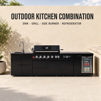 Îlot de cuisine extérieur à gaz GPL 7 brûleurs en acier inoxydable 304 avec réfrigérateur, tiroirs de rangement, évier et brûleur latéral pour barbecue familial