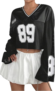 GORGLITTER T-shirt court à manches longues et col en V pour <span class=keywords><strong>femme</strong></span>, motif graphique numéro Y2K années 90, coupe cloche - Product Image 6
