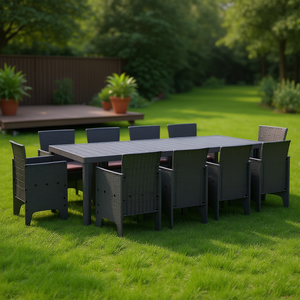 Ensemble de salle à manger de jardin en plastique anthracite avec coussins, 10 places, mobilier d'extérieur, design contemporain - Product Image 2