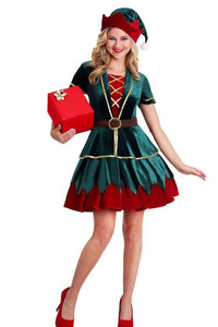 Ensemble de costume d'<span class=keywords><strong>elfe</strong></span> de Noël pour adulte, tunique verte et rouge, chapeau, ceinture, bordure dorée, <span class=keywords><strong>tenue</strong></span> de fête de Noël, cosplay - Product Image 2