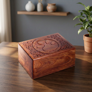 Urna de Madera Hecha a Mano para Mascotas con Diseño de Huella Tallada, Acabado en Madera Natural Marrón, Cofre Conmemorativo - Product Image 1