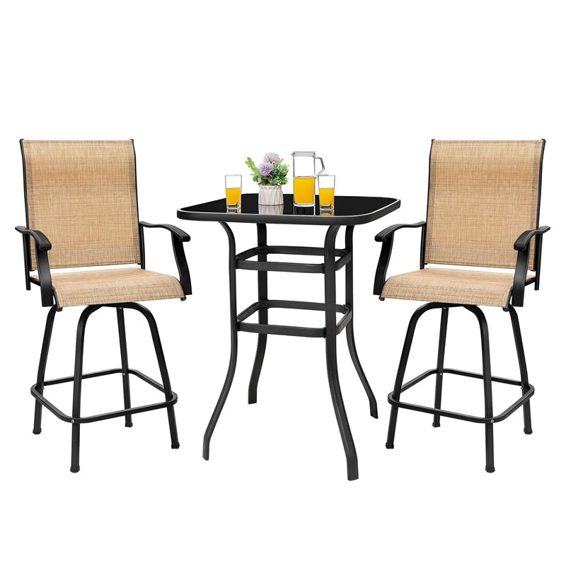 Outdoor 3 PCS Pátio Swivel Bar Conjuntos Têxtil High Bistro Sets com 2 Bar Stools e 1 Square Bar Table