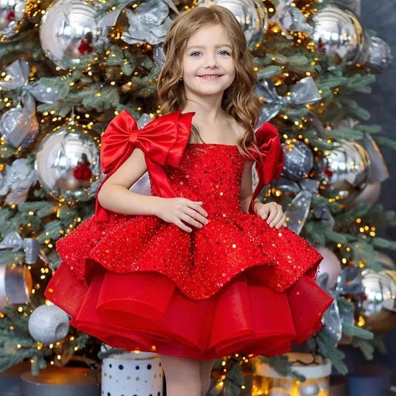 2024 Neueste Kinder Weihnachtsparty Ballkleid eine Schulter Bogen Prinzessin Pailletten Puffkleider Baby Mädchen Ballkleid