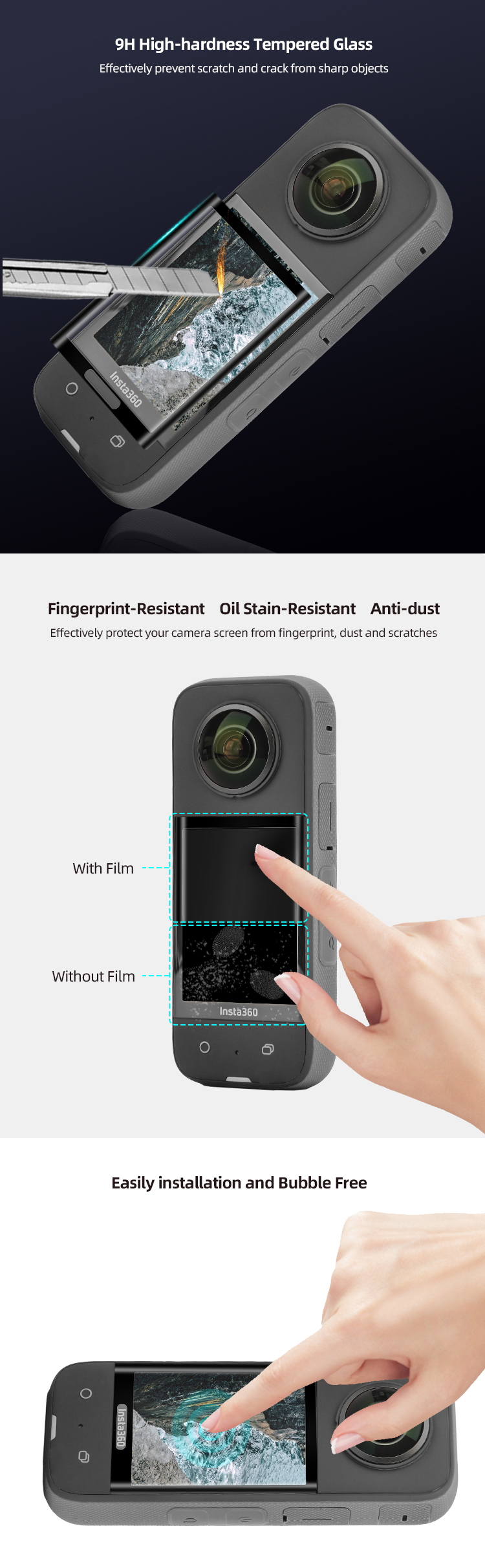 Sunnylife 3D Curved Screen Protector Tempered Glass Film HD Bubble-Free Scratch-proof Protective Film for Insta360 X3