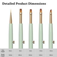 Ensemble de 5 pinceaux professionnels rétractables pour nail art, avec pochette portable, en cuivre vert sauge, pour la peinture au gel UV