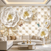 Papier peint floral 3D blanc, papier peint mural en perles et diamants, papier peint mural personnalisé avec des fleurs pour le salon, la chambre à coucher, la décoration de la maison