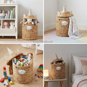 ตะกร้าเก็บของลายการ์ตูนรูปยูนิคอร์นสำหรับห้องเด็ก ตะกร้าจัดระเบียบห้องนอนทรงกลม ตะกร้างานฝีมือจากเส้นใยพืช - Product Image 6