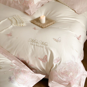 Parure de lit quatre pièces personnalisable en molleton 100 % coton, 100 fils, broderie papillon, style luxe léger pour <span class=keywords><strong>fille</strong></span> - Product Image 3