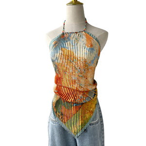 Artistic Floral Oil Painting Satin Formal <b>Top</b> Summer Short Crop Halter Neck Tank Backless Wrinkles Print Sexy Breathable - Product Image 1