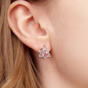 Pendientes de plata con forma de flor y cristales rosas con engaste de garra para mujer, estilo romántico - Product Image 6