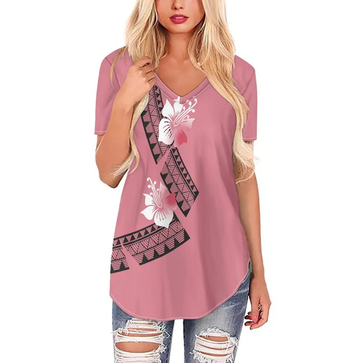 Latest Tops Polynesian Tribal Clothing Hawaiian Pink Hibiscus Flower Leaves Print Custom Polyester V Neck T Shirts For Women