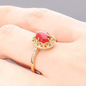Blood Red Coral Oval Classic <b>Ring</b> 18K Gold Diamond Japanese Artisan Handmade Fine Jewelry Elegant <b>Statement</b> <b>Ring</b> Gift - Product Image 2
