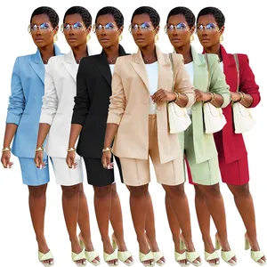 solid office formal 2 piece shorts pants set women blazer suits set for women sexy ladies v-neck blazer and pants set business