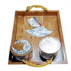 Tray and Mother of Pearl Decorative Lids Eid Ramadan Collection Elegant Acrylic Candy and Dry Fruit Jars with Wooden Inlay - Product Image 1