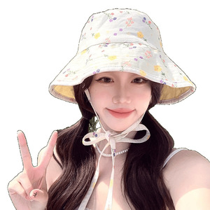 Benhao Japanese Style Floral Double Sided Bucket <b>Hat</b> <b>Summer</b> Sun Protection Wide Brim Women Canvas <b>Hat</b> - Product Image 5