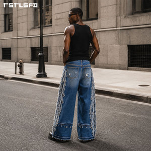 Cut And Sew Desert Fringe <b>Jeans</b> Heavyweight Vintage Wash Western Side Tassel Wide Leg Denim Pants Wholesale Bulk - Product Image 4