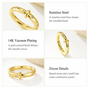 แหวนวงแหวนเซอร์โคเนีย สแตนเลสสตีล ชุบทอง 14K แบบสุญญากาศ พร้อมดีเทลห่วง ขนาดกว้าง 0.35 ซม. ไซส์ US 7 เครื่องประดับ - Product Image 4