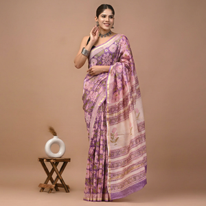 Sari en soie Chanderi pure imprimé à la main avec pièce de blouse – Sari élégant en soie Chanderi pure – Vêtement ethnique imprimé à la main - Product Image 1