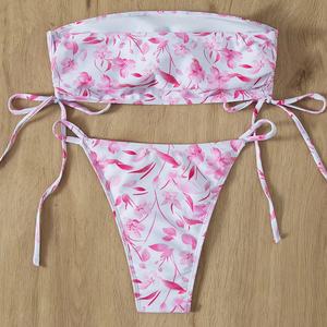 Bikini OEM para mujer, sin espalda, microbra, talla grande, con tanga en V, tela transpirable de secado rápido, estampado de logo frontal, traje de baño para playa - Product Image 1