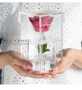 Caixa de armazenamento acrílica de flor de rosa transparente quadrada personalizada, caixa de presente