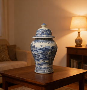 <span class=keywords><strong>Vaso</strong></span> da pavimento in ceramica grande, alto 60 <span class=keywords><strong>cm</strong></span>, blu e bianco, con coperchio, con decorazioni orientali di paesaggi. - Product Image 6