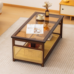 Rectangular Rattan And Glass <b>Coffee</b> <b>Table</b> Tempered Glass Top Solid Wood Nordic Style Living Room Home Use - Product Image 3
