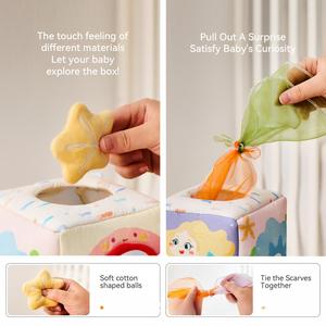 Boîte à mouchoirs multifonctionnelle pour bébé, jouet sensoriel, <span class=keywords><strong>cube</strong></span> en <span class=keywords><strong>tissu</strong></span> doux avec pompons, jouet éducatif précoce pour <span class=keywords><strong>d</strong></span>évelopper la motricité fine du bébé - Product Image 6
