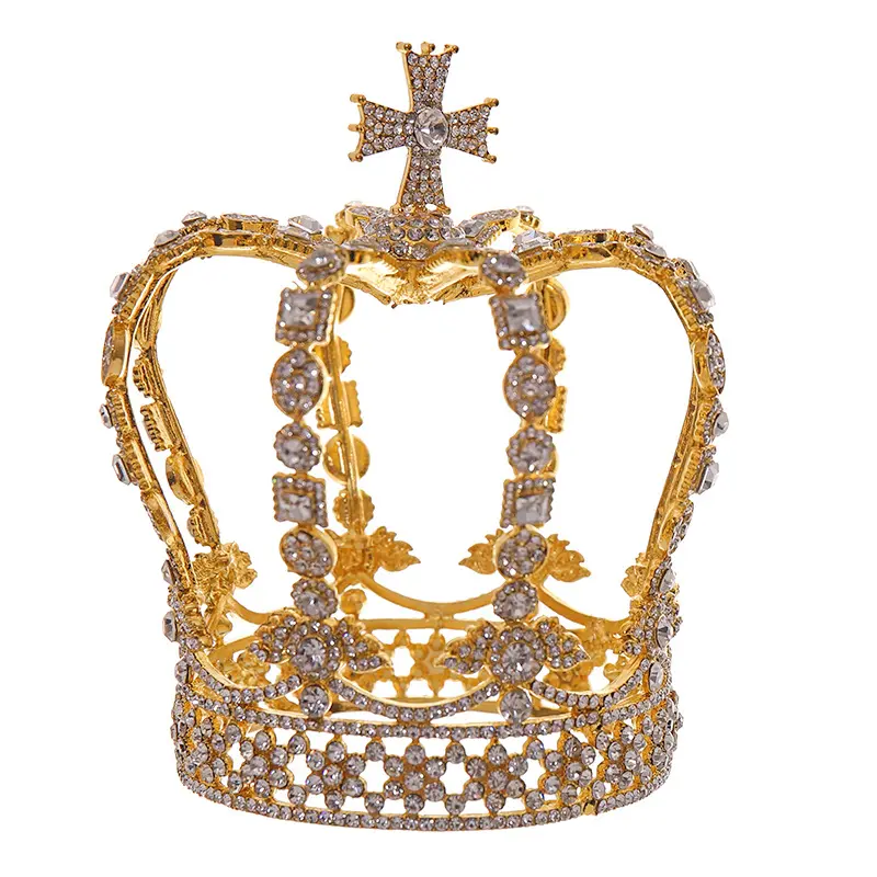 Tiara de noiva, joias barrocas nobre coroa de cristal cheio círculo cruz tiara coroa