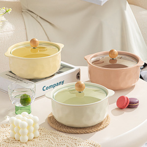 Bol à soupe de nouilles instantanées en céramique de haute qualité, rond, 900 ml, avec couvercle, à double anse, finition mate, pour micro-ondes, en gros - Product Image 1