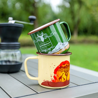 Tasse de camping en métal à bord roulé réutilisable avec logo personnalisé en gros 350 ml avec poignée en émail de 11/12/16oz tasse à utiliser pour feu de camp
