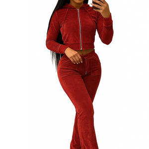 בציר קטיפה ברדס קבול העליון & מכנסיים קטיפה צבעונית קטיפה מרושכת יבול ברדס למעלה & מכנסיים סט אופנה מזדמנים - Product Image 1