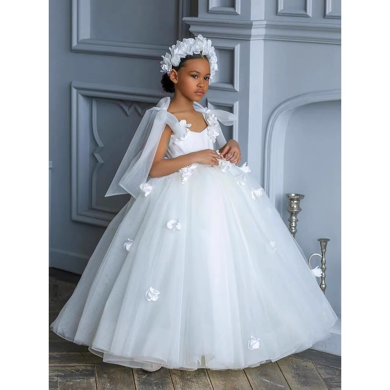 open lace back dress Girl First Communion Dress Flower Little Girl Wedding White Princess Pageant Dress, White / 9-10 Years (150cm) main image 1