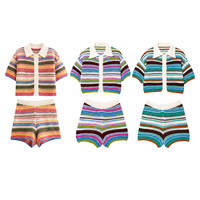 Ensemble haut et short en tricot crocheté pour femme, col polo, rayé, manches courtes, streetwear décontracté, été, vente en gros directe d'usine