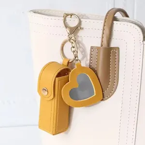 PU Leather Lipstick Bag Keychain Heart-shaped Lipstick Holder Portable Mini Clip-on Sleeve Lipstick Pouch For Women