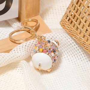 Porte-clés en alliage de zinc avec pendentif petit cochon en pierre œil-de-chat effet goutte d'huile, animal du zodiaque cochon, accessoire DIY pour décoration de sac à dos - Product Image 2
