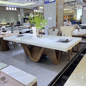 Bàn ăn bằng đá cẩm thạch tự nhiên Bàn ăn mặt phẳng lớn Bàn ăn bằng đá sang trọng mới nguyên bản của nhà thiết kế Chân gỗ nguyên khối - Product Image 6