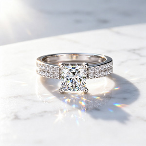 S925 Sterling <b>Silver</b> Rhodium Plated Women's Prong Setting Princess Cut Artificial Mossanite Diamond Engagement Wedding <b>Ring</b> Set - Product Image 2