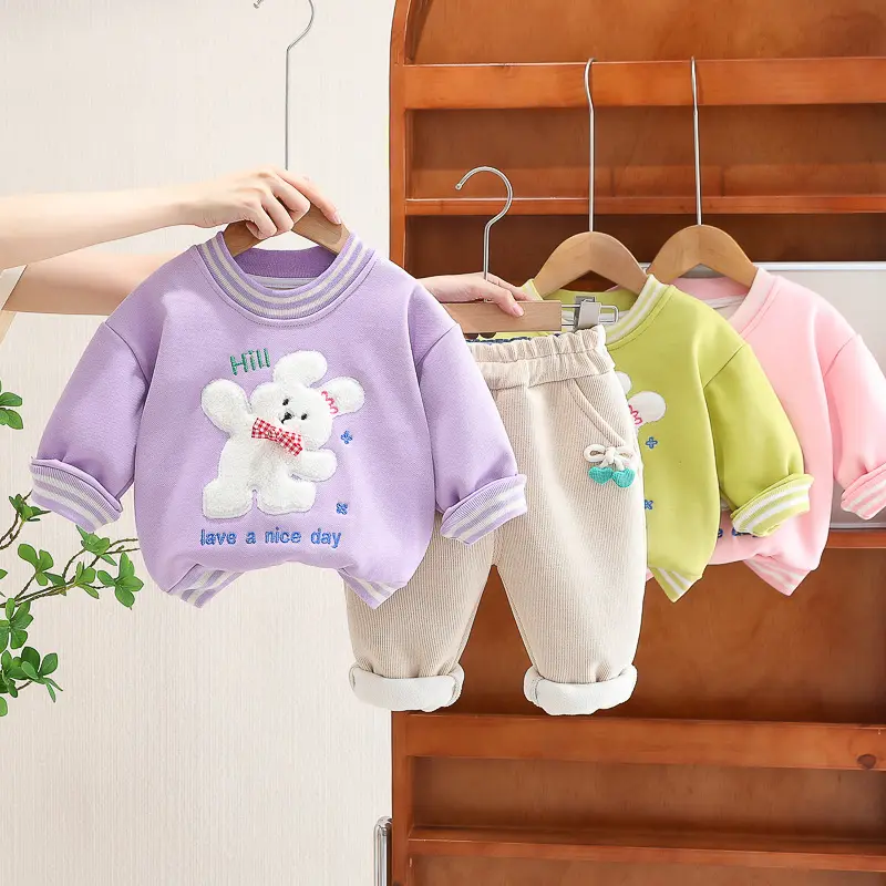 Boutique Mode Baby Kinderkleding Top + Broek Tweedelige Fabrieksprijs Pullover Cartoon Konijn Katoenen Trui Te Koop