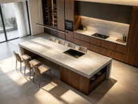 Îlot de cuisine moderne sur mesure avec plaque de cuisson à induction intégrée, table à manger intégrée et plan de travail en pierre frittée
