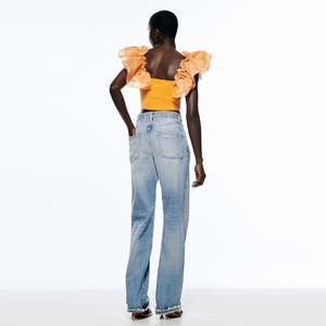 <span class=keywords><strong>Top</strong></span> court avec encolure carrée et manches courtes <span class=keywords><strong>Top</strong></span> décontracté en tricot organza avec volants et tissu assorti - Product Image 5