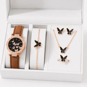 Ensemble de 5 montres pour femmes plaquées or, avec bague, collier, boucles d'oreilles, bracelet, pour mariage, fiançailles, décontracté, sans boîte - Product Image 5