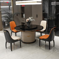 Ensemble de table à manger en bois de style italien moderne, 6 chaises, plateau en marbre rotatif, finition laquée noire brillante, salle à manger de luxe pour villa