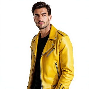 <b>Men's</b> <b>Yellow</b> Leather Motorcycle <b>Jacket</b> Zipper Turn Down Collar Windproof Moto Biker Coat High Quality <b>Men's</b> Leather <b>Jacket</b> - Product Image 5