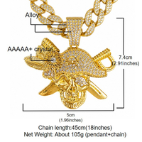 Collier chaîne cubaine avec pendentif crâne de pirate en alliage et strass, style hip-hop, avec chapeau et épée, bijoux tendance, en stock, vente en gros