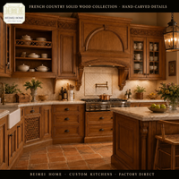 Meubles de cuisine sur mesure en bois massif pour toute la maison, style campagne française, avec portes à panneaux surélevés sculptés et treillis, en marbre, fabrication OEM de qualité