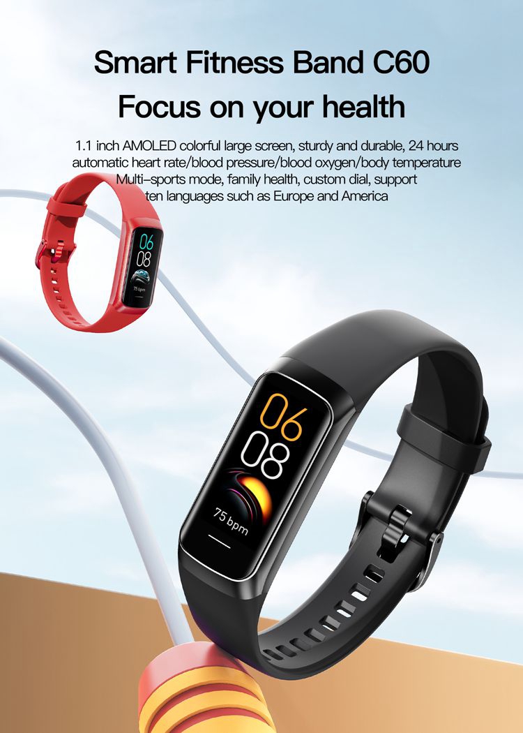 Neues C60 Smart Band 1,1 Zoll AMOLED Touchscreen Herzfrequenz Blutdruck  Sauerstoff Körper temperatur Sport Fitness Smart Armband