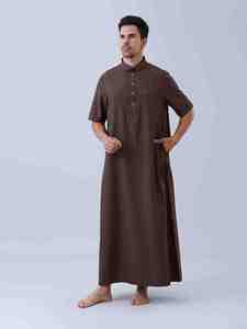 <b>Men's</b> Brown Cotton <b>Thobe</b> Short Sleeve Floor Length Shirt Collar Modest Prayer Wear Solid Color Regular Fit All Seasons - Product Image 4