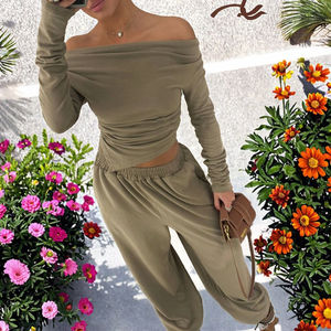 Ensemble haut court et pantalon uni à épaules dénudées pour femmes, t-shirt à manches longues sexy, pantalon, deux pièces décontractées, respirant pour l'automne - Product Image 3